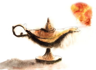 Watercolor illustration of antique mysterious oil lamp with fiery red smoke cloud isolated on white background. Hand drawn sketch of Aladdin's lamp. Blurred image of rubbed copper color on wet paper