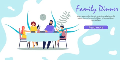 Fototapeta na wymiar Breakfast or Supper Meal Happy Parents with Kids. Mother, Father, Daughter and Son Sitting at Table Eating Tasty Food. Love, Happiness, Family Values Cartoon Flat Vector Illustration Horizontal Banner