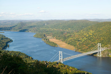 Autumn view overlook at 1300 feet of Bear Mountain Bridge and Hudson Valley and River at Bear Mountain State Park, New York