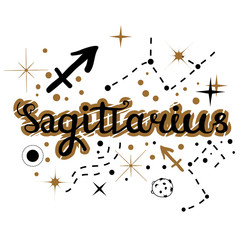 Sagittarius zodiac illustration. Hand painted lettering poster.