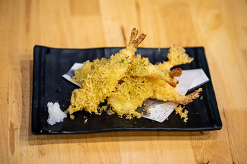Fried Prawn Tempura on Wooden table background, Ebi Tempura Japanese food