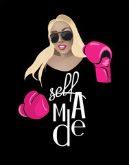 Young woman with boxing gloves and caption self made. T shirt design. Vector illustration