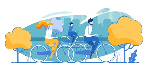 Cartoon Happy Family and Child Cycling in Forest. Cyclist in Natural Park. Joyful Pastime. Active Recreation on Weekends. Sport on Vacation. Mother, Father and Son on Bikes. Vector Flat Illustration