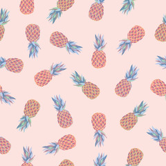 Vector seamless tropical pattern. Colorful pink blue green yellow pineapples. Pink summer texture. Fruit illustration