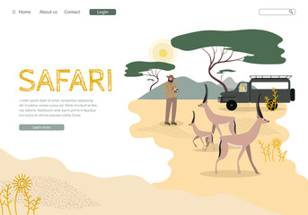 African Safari Tour Landing Page Vector Template. Africa Wildlife and Nature Exploration Website Homepage Flat Layout. Savannah Expedition, Road Trip. Tourist Photographing Antelopes Illustration