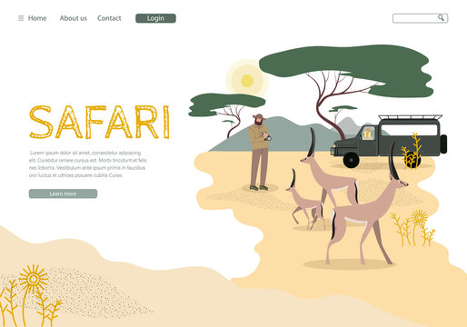 African Safari Tour Landing Page Vector Template. Africa Wildlife and Nature Exploration Website Homepage Flat Layout. Savannah Expedition, Road Trip. Tourist Photographing Antelopes Illustration