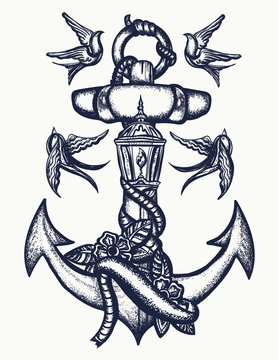 Anchor, roses flowers, ribbon and swallows birds. Sea adventure style. Traditional old school tattoo