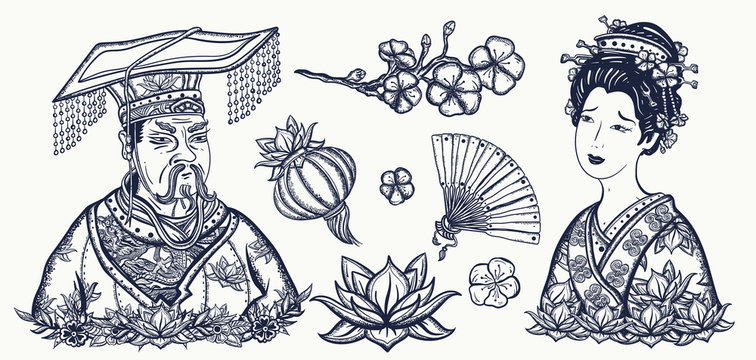 Ancient China. Old school tattoo vector collection. Chinese emperor, queen in traditional costume, fan, red lantern, lotus flower. History and culture. Asian art. Traditional tattooing style