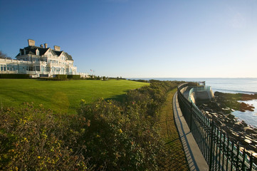 Summer mansion on the Cliff Walk, Cliffside Mansions of Newport Rhode Island - obrazy, fototapety, plakaty
