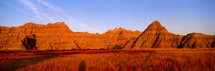 Sunset panoramic view of mountains in Badlands National Park in South Dakota
