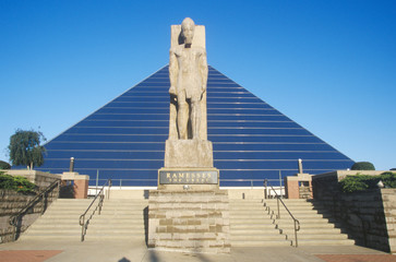 The Pyramid Sports Arena in Memphis, TN with statue of Ramses at entrance