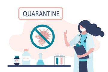 Viral quarantine concept. Female medical scientist warns of the spread of the virus.