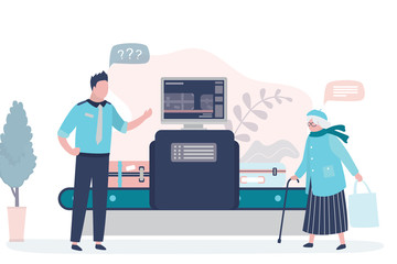 Airport security. X-ray luggage scanner. Checking baggage inside airport. Public transport safety concept.