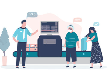 Airport security. X-ray luggage scanner. Checking baggage inside airport. Public safety concept.