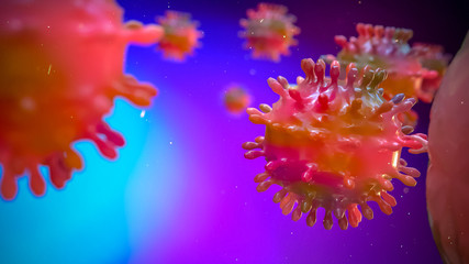 3d render background virus concept, Covid 19, Corona, which enters the human body. Various cells that are connected or swallowed.