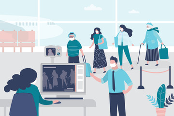 Medical workers checks the body temperature of passengers at airport terminal. Staff in uniform and masks.