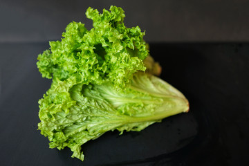 Fresh bunch of green lettuce leaves on a black background