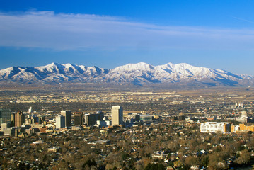 Skyline of Salt Lake City, UT with Snow capped Wasatch Mountains in background © spiritofamerica