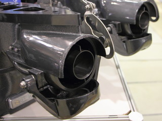 New outboard water jet nozzles close up view, shallow water propulsion devices