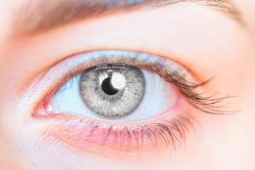 Close-up beautiful girl eye with octagon glare in the eyes of the ring (octagon) flash