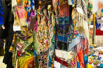 Fototapeta premium Colorful silk scarves or shawls for sale