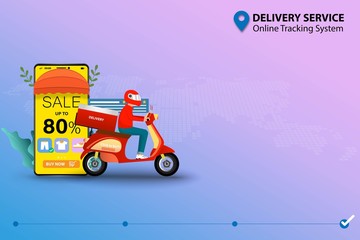 Concept of delivery service with online tracking system, man driving scooter near smartphone.  The display contain discount rate, list of products, customer review in pastel background.