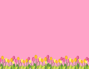 Spring paper cut tulips seamless border pattern. Letter format greeting card with floral elements. Vector mock up illustration. Space for text banner with blooming tulips on pink background