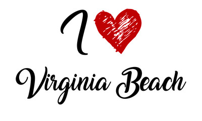 I Love Virginia Beach Creative Cursive Typographic Template with red heart.