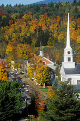 View of Stowe, VT in Autumn on Scenic Route 100 with church spire