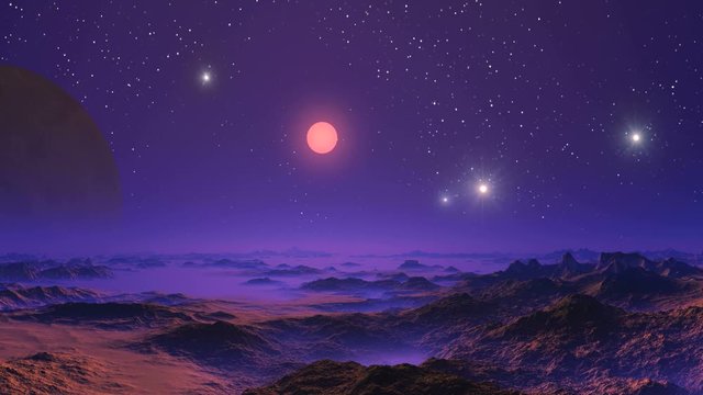 UFO over Misty Planet. A UFO takes off from the foggy horizon, several more circling the sky. Bright sun slowly sets. Large moon rises over stony desert covered with fog.