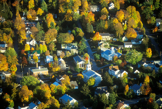 Aerial view of Morrisville, VT in Autumn on Scenic Route 100 at sunset