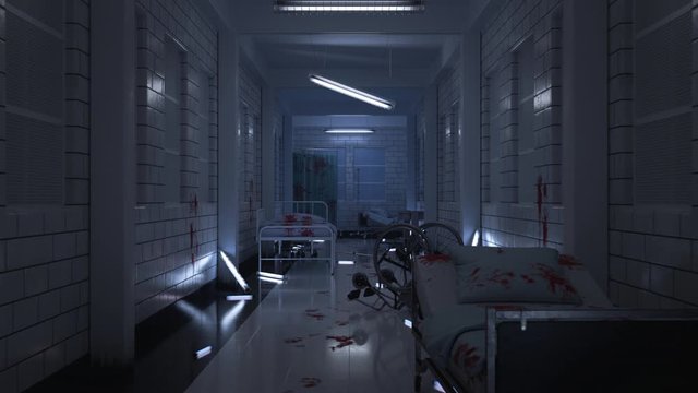 Terrifying mystical corridor in the psychiatry clinic in cold shades. The camera passes through the corridor, medical equipment is scattered everywhere. Traces and stains of blood on the floor, on the