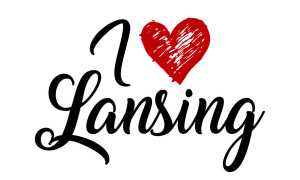 I Love Lansing Handwritten Cursive Typographic Template with red heart.
