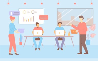 Office Room Workplace. Cartoon Man with Notebook, Woman Worker Talk Vector Illustration. Finance Graphic Growth. Business Sucess. Colleague Meeting, Brainstorming, Discussion, Communication, Teamwork