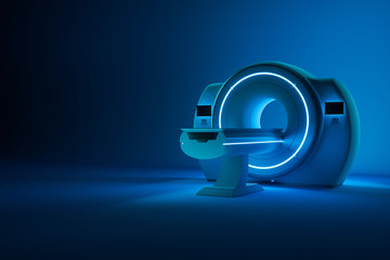 MRI machine, magnetic resonance imaging machine on a dark blue background. Concept medicine, technology, future. 3D rendering, 3D illustration, copy space. - obrazy, fototapety, plakaty