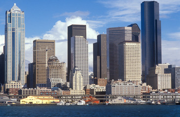 Fototapeta na wymiar View of Seattle skyline from ferry on Puget Sound, WA