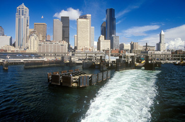 View of Seattle skyline from ferry on Puget Sound, WA