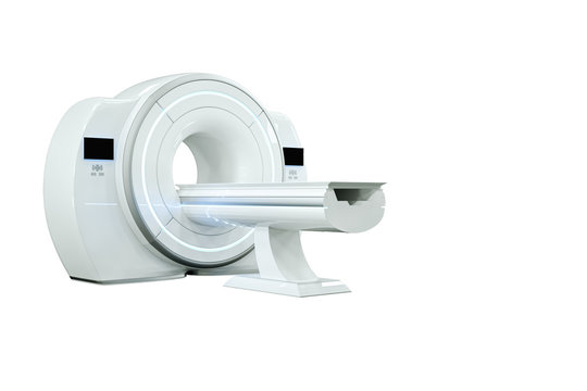 MRI machine, magnetic resonance imaging machine isolated on white background. Concept medicine, technology, future. 3D rendering, 3D illustration, copy space.