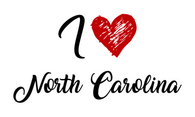 I Love North Carolina Handwritten Cursive Typographic Template with red heart.