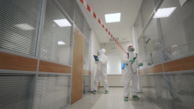 Stopping covid-19 to spread. Disinfection of building after quarantine