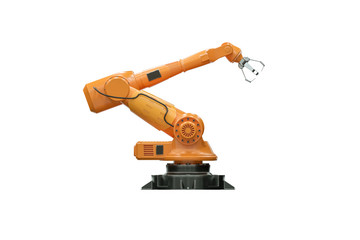 Orange robot arm manipulator for plant isolated on white background. Technology concept, future. 3D rendering, 3D illustration, copy space.