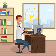 Smiling Man Working Computer in Office. Design Studio. Office Interior. Creative Designer. Book Shelf with Colored Folders. Graphic Developers. Vector Illustration. Creative Director in Office.