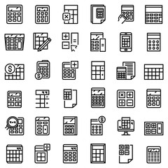 Calculator icons set. Outline set of calculator vector icons for web design isolated on white background