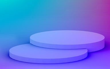 3d purple blue neon light cylinder podium minimal studio gradient dark colors background. Abstract 3d geometric shape object illustration render. Display for nightclub party and technology product.