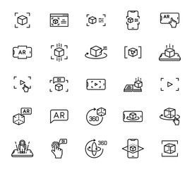 Augmented reality outline vector icons isolated on white background. AR and virtual reality line icon set for web design, mobile apps, ui design and print. Futuristic technology business concept - obrazy, fototapety, plakaty