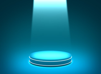 3d blue spotlight neon cylinder podium minimal studio dark background. Abstract 3d geometric shape object illustration render. Display for technology electronic product.