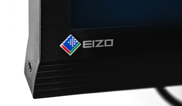 Eizo logo on the frame professional grade color critical monitor closeup. Eizo is the leading producer of high performance monitors. Moscow, Russia - December 19, 2019
