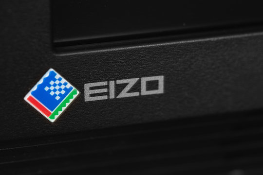 Eizo logotype on the frame professional grade color critical monitor. Eizo is the leading producer of high performance monitors. Moscow, Russia - December 19, 2019