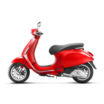 Red Motor Scooter Isolated on White Background. Side View of Vintage Electric Retro Motorcycle with Step-Through Frame and Platform. Modern Personal Transport. 3D Rendering. Classic Vehicle