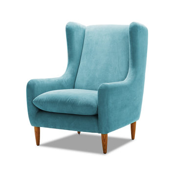 Upholstered Teal Wing Chair with Wooden Feet Isolated on White Background. Side View of Modern Light Blue Wingback Accent Club Armchair with Upholstered Wings and Armrests. Interior Furniture